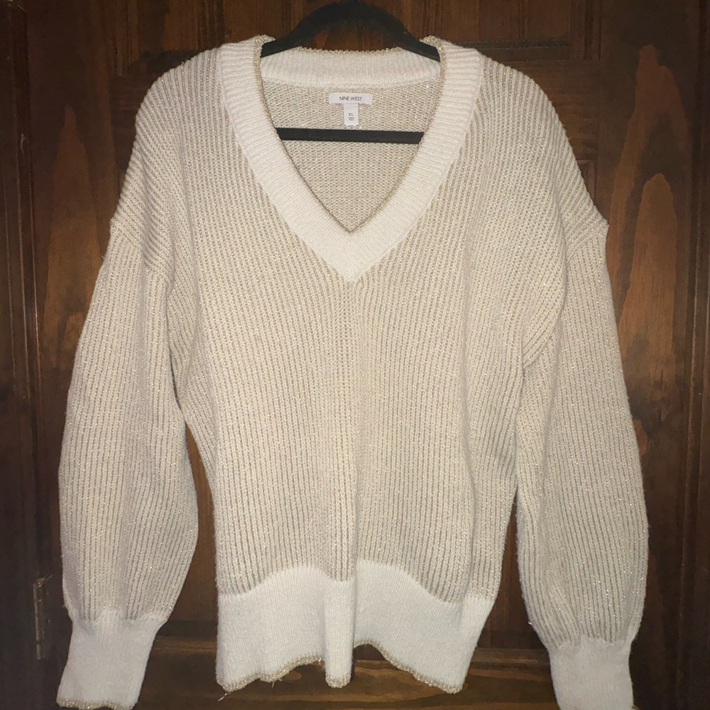 Nine West Metallic Cream V-Neck Sweater